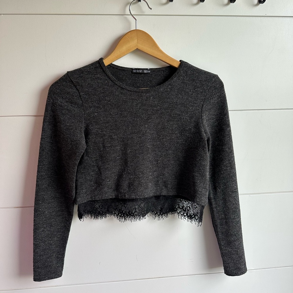 Zara Dark Charcoal Cropped Crewneck Sweater with Lace Hem